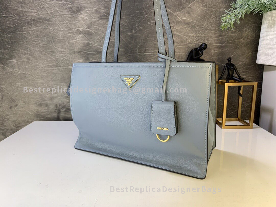 Prada Light Blue Leather Tote In Grained GHW 122